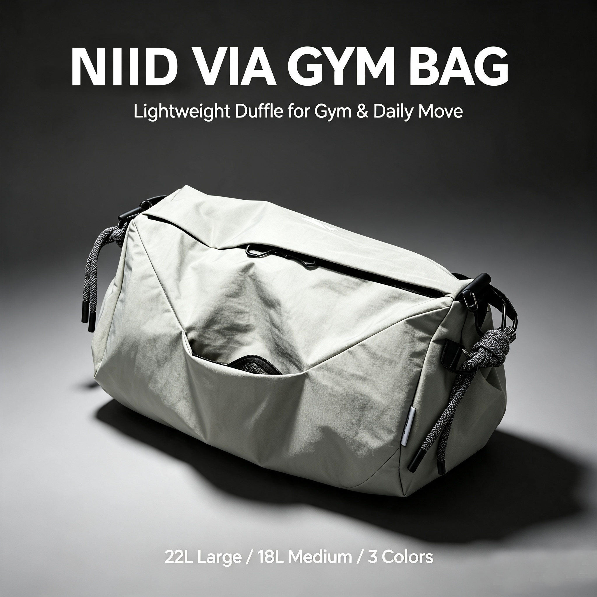  Promotional banner of NIID VIA Gym Bag, light‑grey duffle bag on dark‑grey gradient background with size‑related text