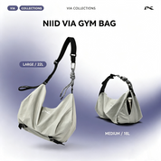 Promotional poster displaying large‑size 22L and medium‑size 18L light‑grey NIID VIA Gym shoulder bag