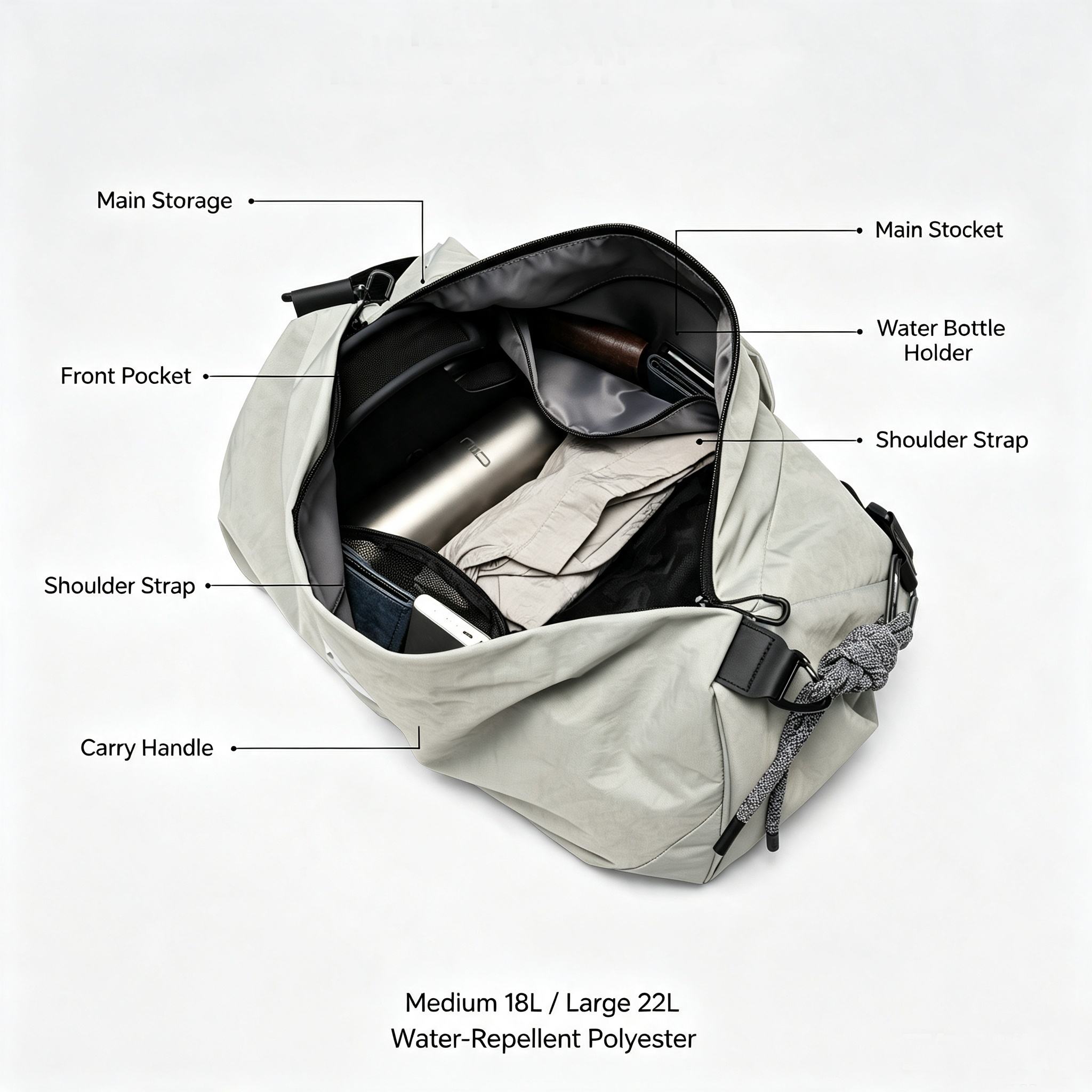 Open light‑grey NIID VIA Gym‑Bag with labelled‑pointer introduction for inner compartments, capacity and waterproof fabric parameter