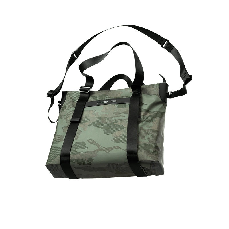 NIID Camo Green Neo Tote front view on a white background, showcasing the stylish camouflage pattern and durable construction.