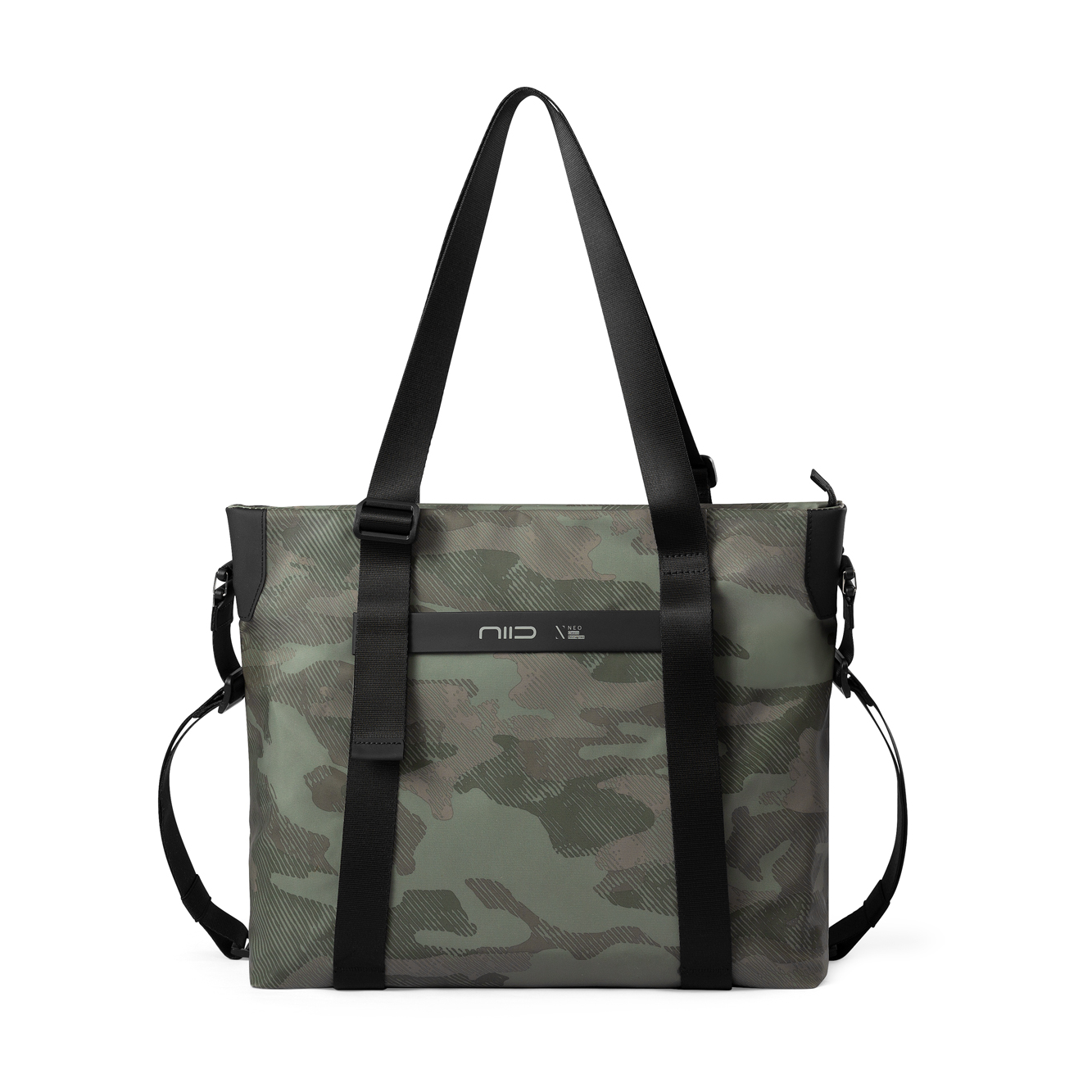 NIID Camo Green Neo Tote front view on a white background, showcasing the stylish camouflage pattern and durable construction.