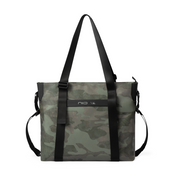 NIID Camo Green Neo Tote front view on a white background, showcasing the stylish camouflage pattern and durable construction.