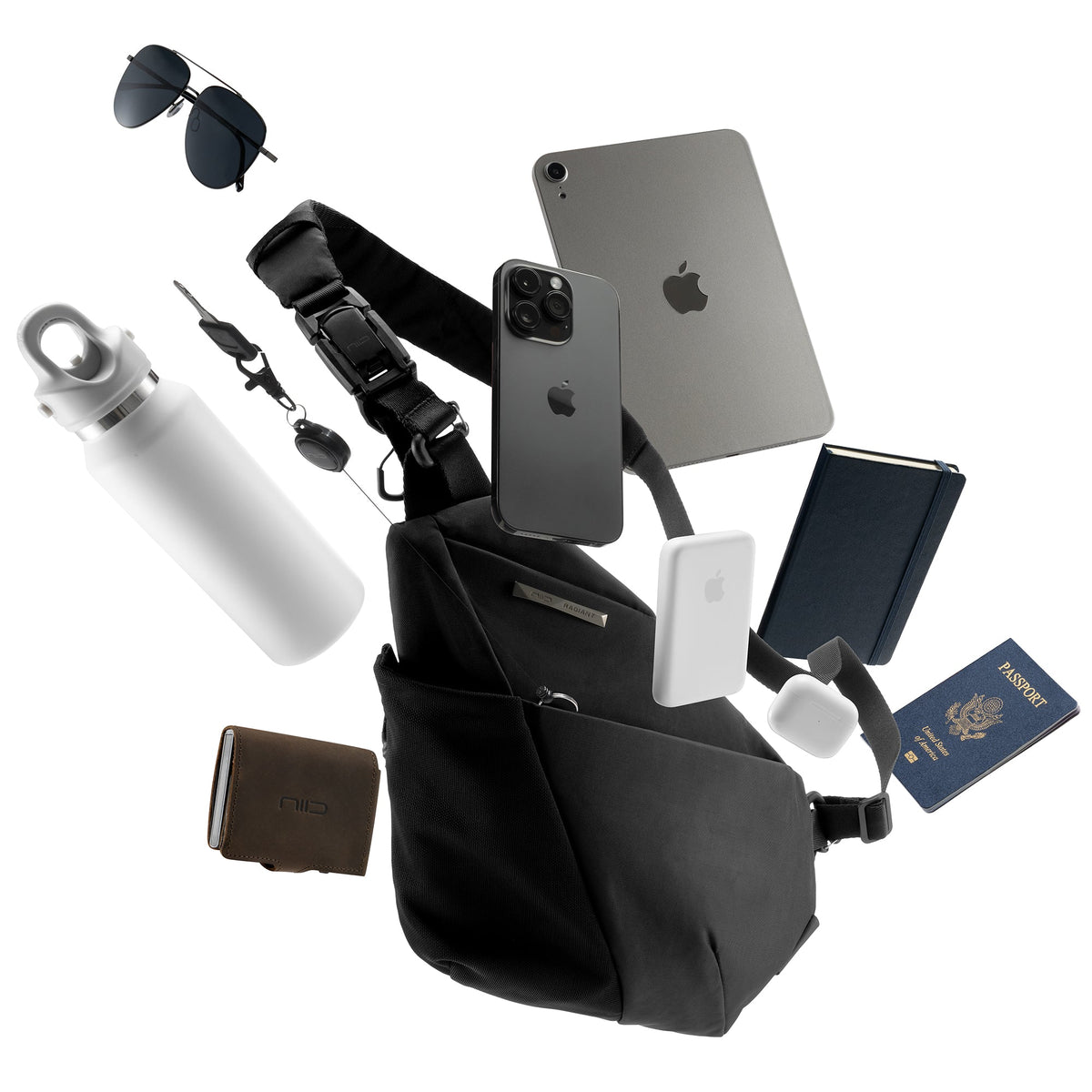 NIID Fino F5 slim crossbody bag in Black Noir, featuring a sleek, minimalist design that fits close to the body, perfect for urban commuting, travel, and discreet everyday carry.