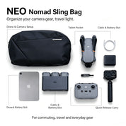 NIID NEO Nomad 9L Sling Bag N2 1:1 square infographic on white background, flat lay labeled storage layout showing compartments for drone, action camera, tablet, charging cables and power bank, lightweight crossbody sling bag organizer for photographers, creators, daily commute and travel gear carry