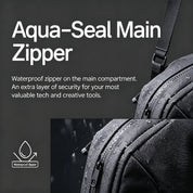 NIID NEO Nomad 9L Sling Bag N2 Diamond Grid Black waterproof Aqua-Seal main zipper close-up detail infographic on dark gray background, water droplets on sealed zipper, text explanation and waterproof icon, water resistant protection for camera and electronic gear crossbody travel sling bag