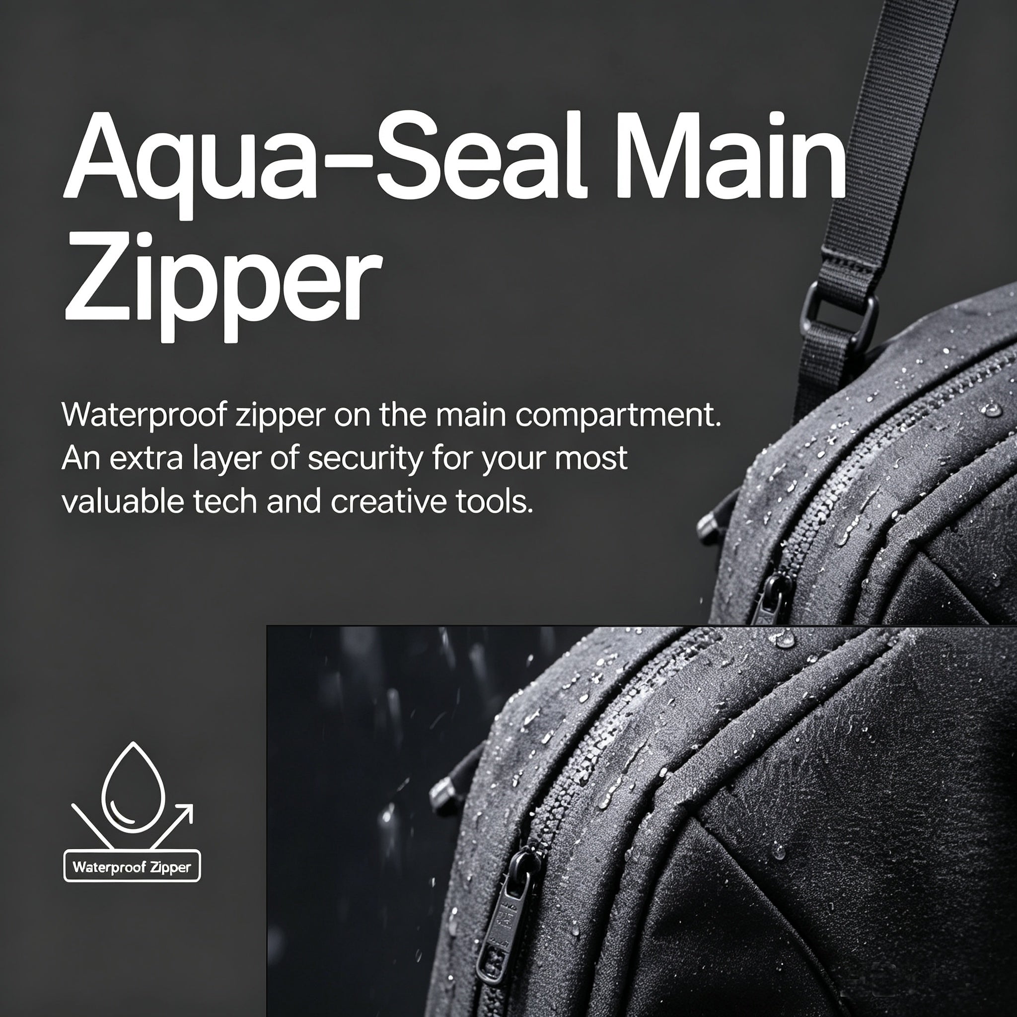 NIID NEO Nomad 9L Sling Bag N2 Diamond Grid Black waterproof Aqua-Seal main zipper close-up detail infographic on dark gray background, water droplets on sealed zipper, text explanation and waterproof icon, water resistant protection for camera and electronic gear crossbody travel sling bag