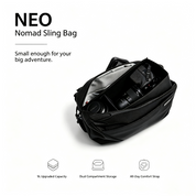 NIID NEO Nomad 9L Sling Bag N2 in Diamond Grid Black open with camera gear inside, feature infographic with headline "Small enough for your big adventure", three core icons: 9L Upgraded Capacity, Dual Compartment Storage, All-Day Comfort Strap, minimalist white background travel crossbody sling bag for photographers and outdoor creators