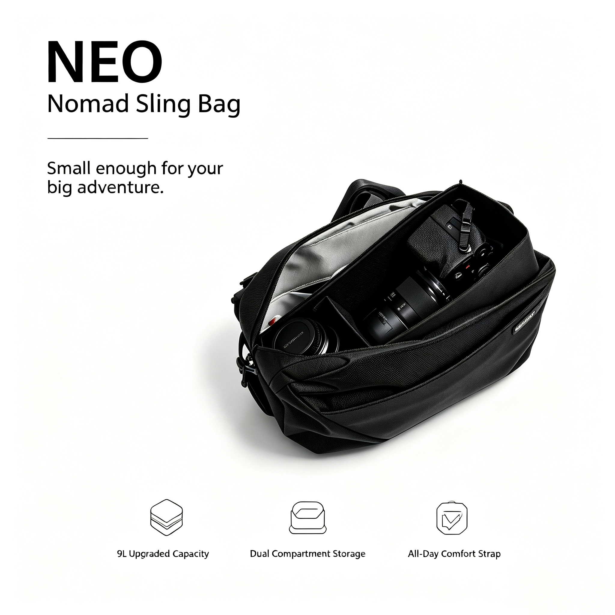 NIID NEO Nomad 9L Sling Bag N2 in Diamond Grid Black open with camera gear inside, feature infographic with headline "Small enough for your big adventure", three core icons: 9L Upgraded Capacity, Dual Compartment Storage, All-Day Comfort Strap, minimalist white background travel crossbody sling bag for photographers and outdoor creators