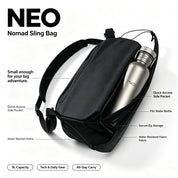 NIID NEO Nomad 9L Sling Bag N2 Diamond Grid Black feature infographic on white background, labeled quick-access side pocket holding metal water bottle, highlights water-resistant fabric, secure zip storage, core tags 9L Capacity, Tech & Daily Gear, All-Day Carry, lightweight crossbody travel sling bag for outdoor and daily commute