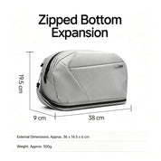 NIID NEO Nomad 9L Sling Bag N2 in Pearly Gray, zipped bottom expansion specification infographic with dimension markers, external size 36 x 14.5 x 6 cm and approx 500g weight display on plain white background, expandable crossbody travel sling bag size guide