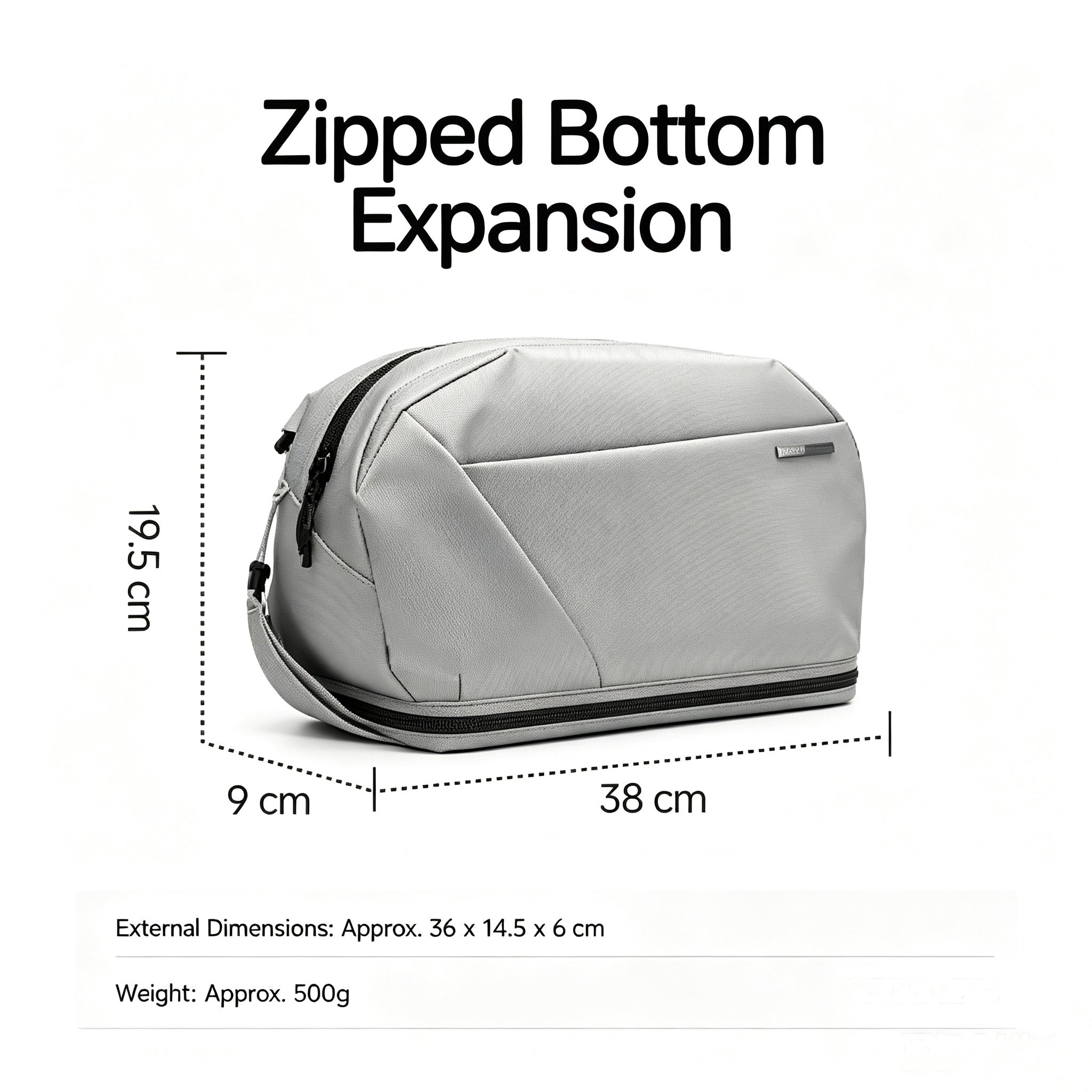 NIID NEO Nomad 9L Sling Bag N2 in Pearly Gray, zipped bottom expansion specification infographic with dimension markers, external size 36 x 14.5 x 6 cm and approx 500g weight display on plain white background, expandable crossbody travel sling bag size guide