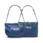 NIID ST@TEMENT S7 Tote Bag White/Navy two size set front shot, relaxed small fit and structured large fit with branded yellow accent strap and front logo